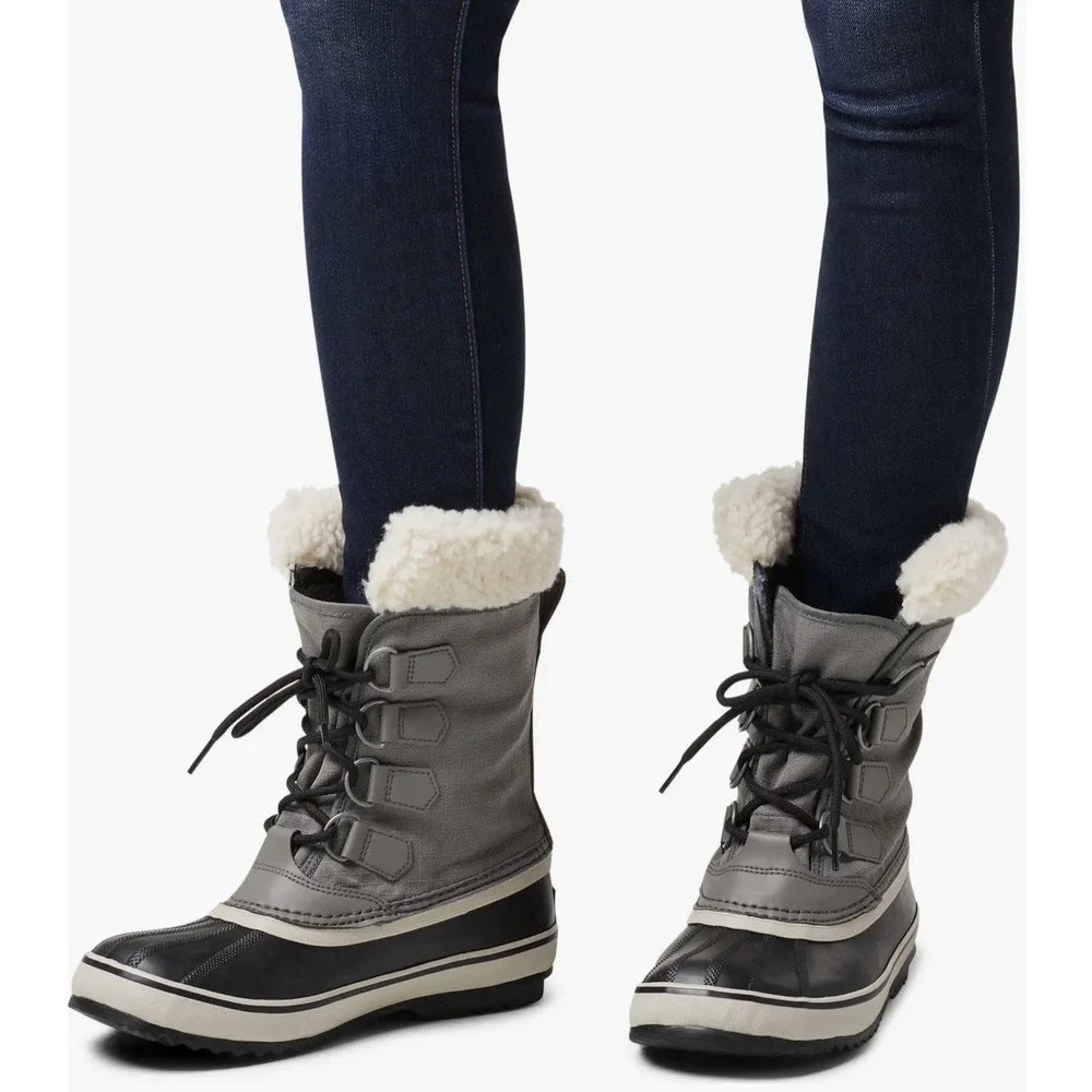 Sorel Women's Black Gray Winter Carnival Boots Waterproof Faux Fur Size 8